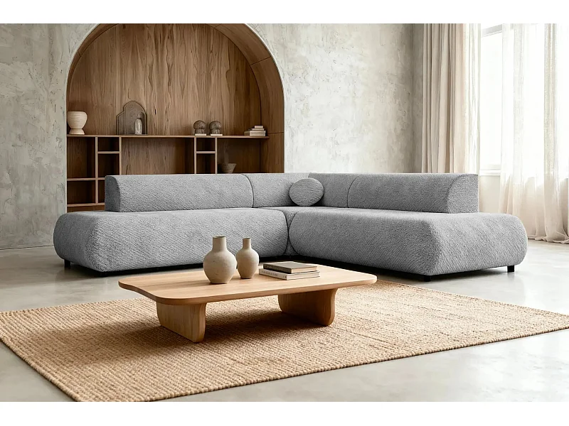 LEVI - Canapé panoramique convertible tissu lisse 5 places - Gris clair - Gauche