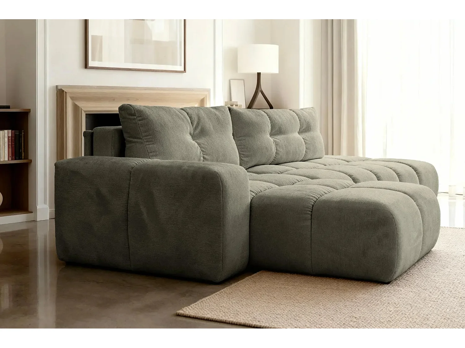 CONSTANCE - Canapé d'angle convertible tissu chenille 4 places - Vert - Droit