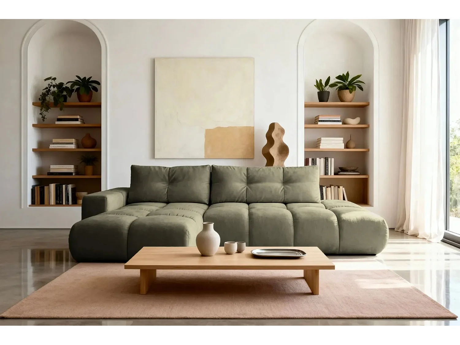 CONSTANCE - Canapé d'angle convertible tissu chenille 4 places - Vert - Droit
