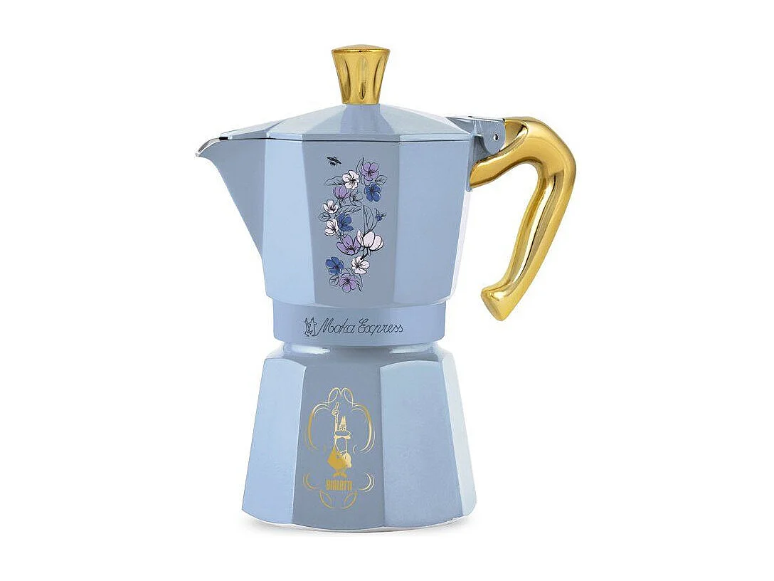 Cafetera Italiana Bialetti Moka Express Birdgerton 6 Tazas 250ml Azul Floral con Asa Dorada
