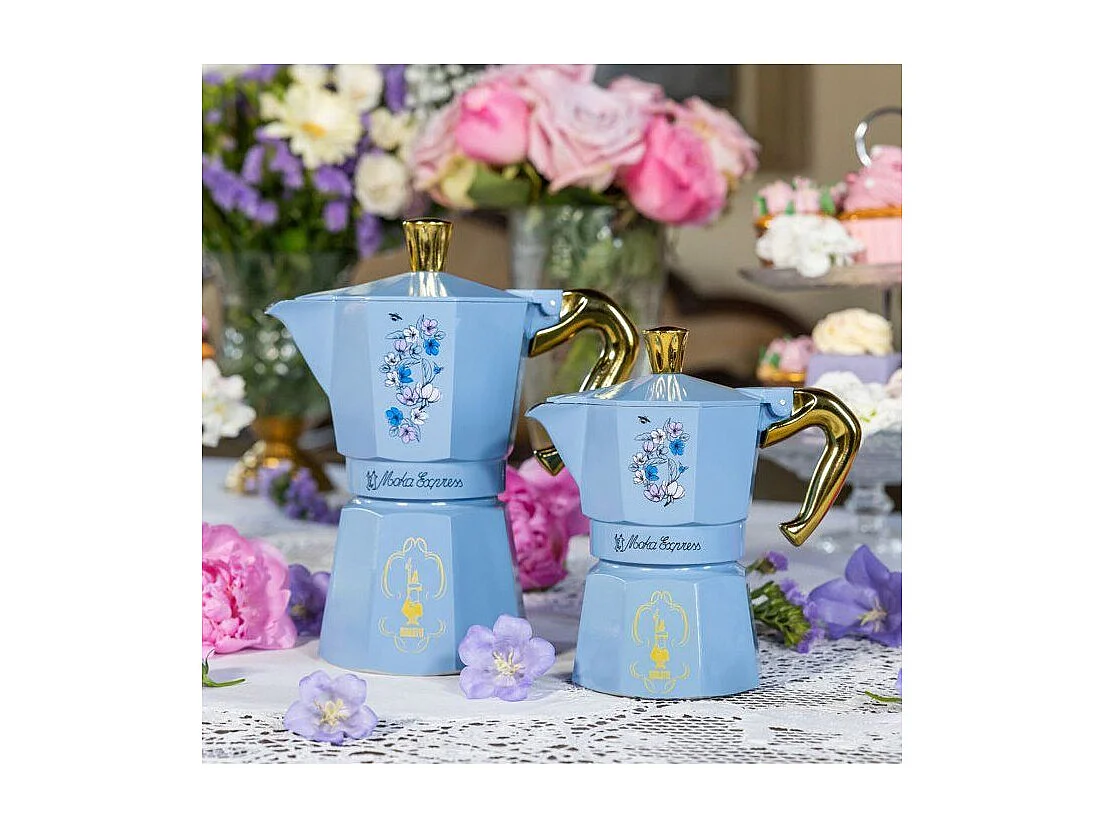 Cafetera Italiana Bialetti Moka Express Birdgerton 6 Tazas 250ml Azul Floral con Asa Dorada