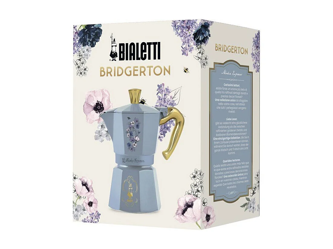 Cafetera Italiana Bialetti Moka Express Birdgerton 6 Tazas 250ml Azul Floral con Asa Dorada