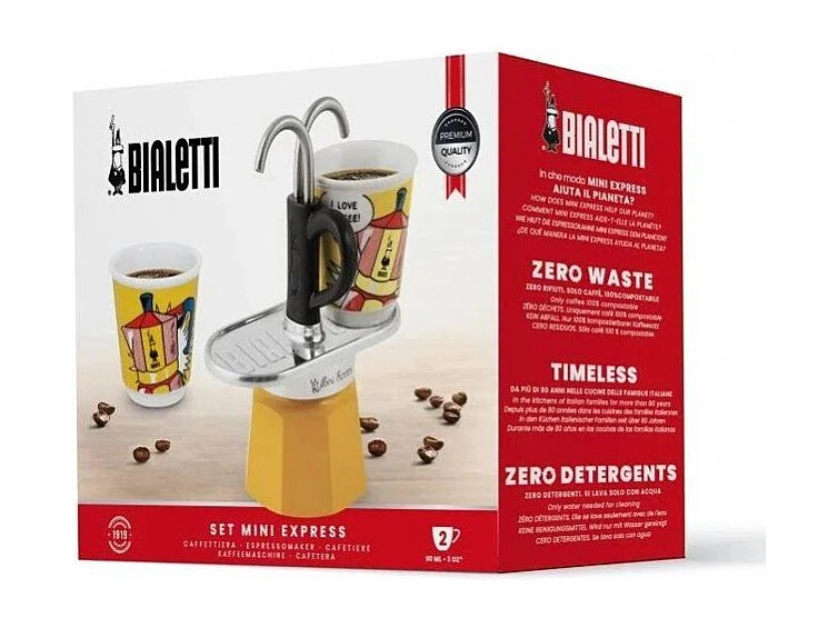 Set cafetiere italienne + 2 tasses - BIALETTI - Mini-express LICHTENSTEIN - 100 ml - Inox / Jaune