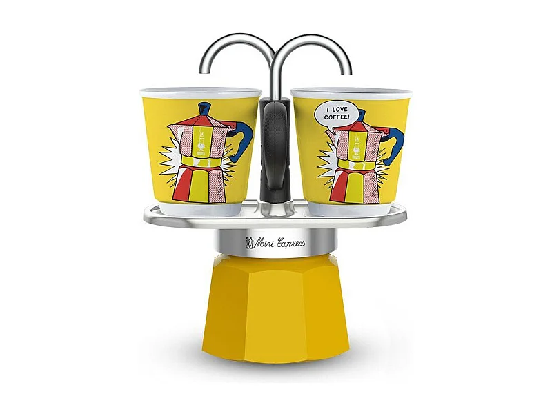 Set cafetiere italienne + 2 tasses - BIALETTI - Mini-express LICHTENSTEIN - 100 ml - Inox / Jaune