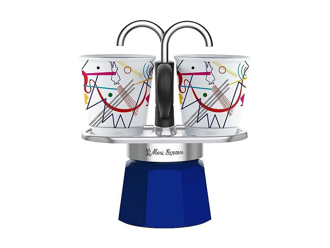 Set cafetiere italienne + 2 tasses - BIALETTI - Mini-express KANDINSKY - 100 ml - Inox / Bleu