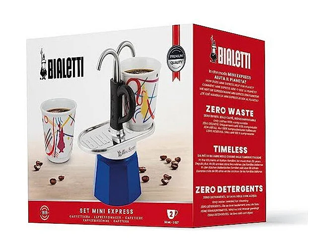 Set cafetiere italienne + 2 tasses - BIALETTI - Mini-express KANDINSKY - 100 ml - Inox / Bleu