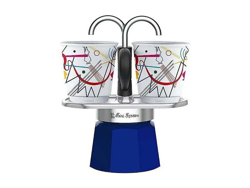Set cafetera italiana Mini-Express Kandinsky 100 ml acero inoxidable azul con 2 tazas a juego Bialetti