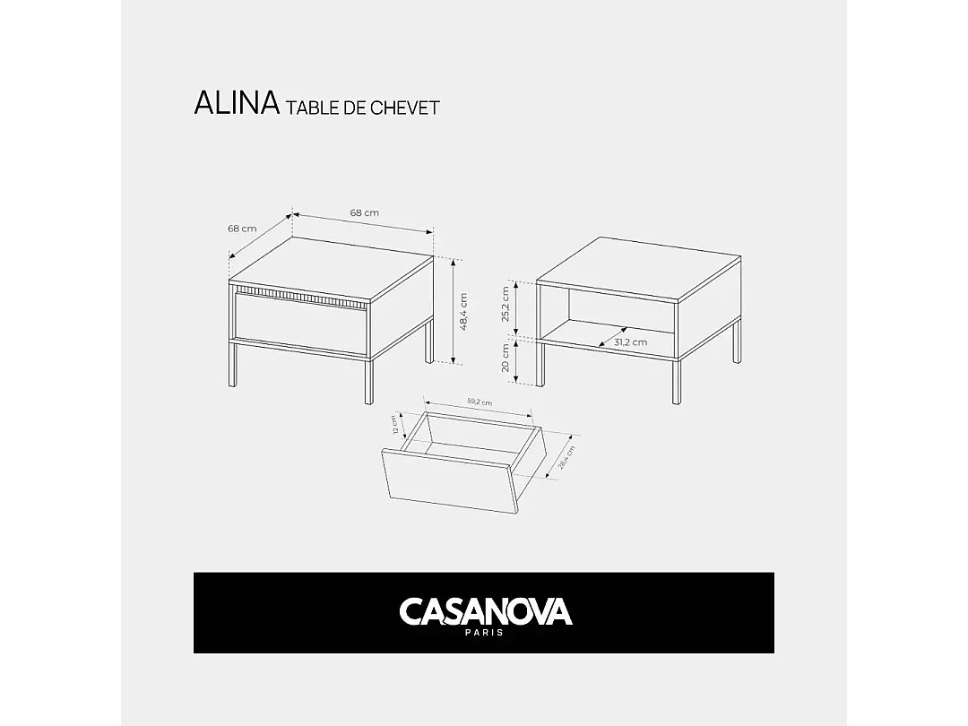 ALINA - Table de chevet 68cm pieds en métal - Noir