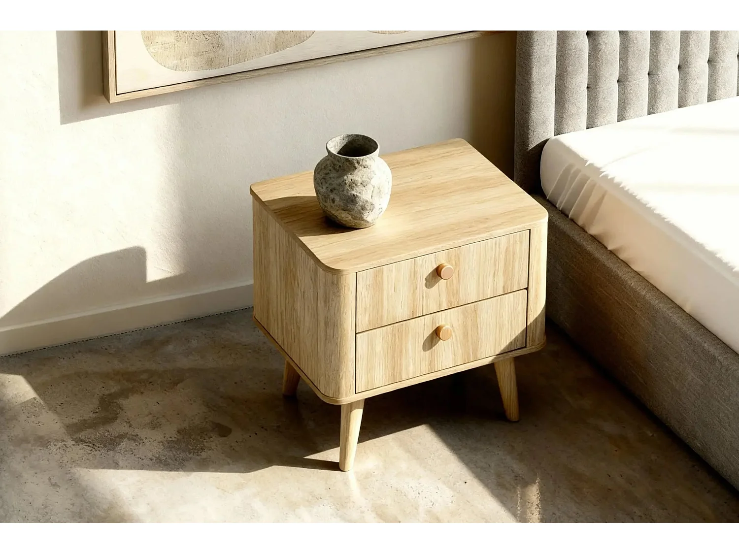 ELORA - Table de chevet 63cm 2 tiroirs pieds bois