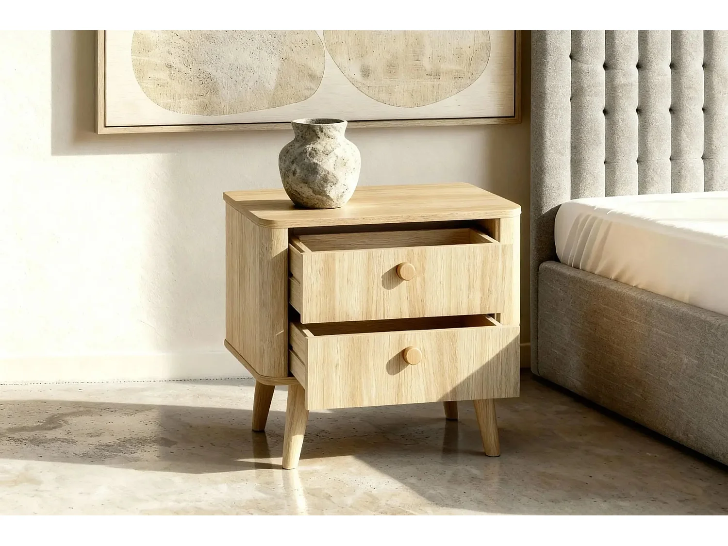 ELORA - Table de chevet 63cm 2 tiroirs pieds bois