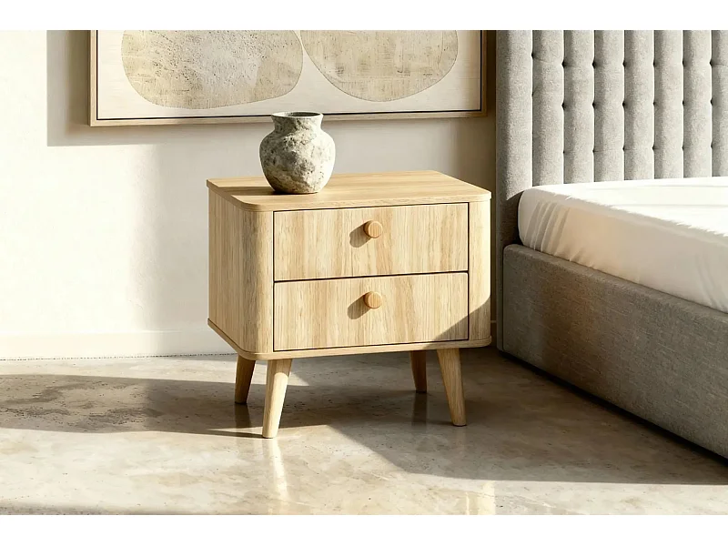 ELORA - Table de chevet 63cm 2 tiroirs pieds bois