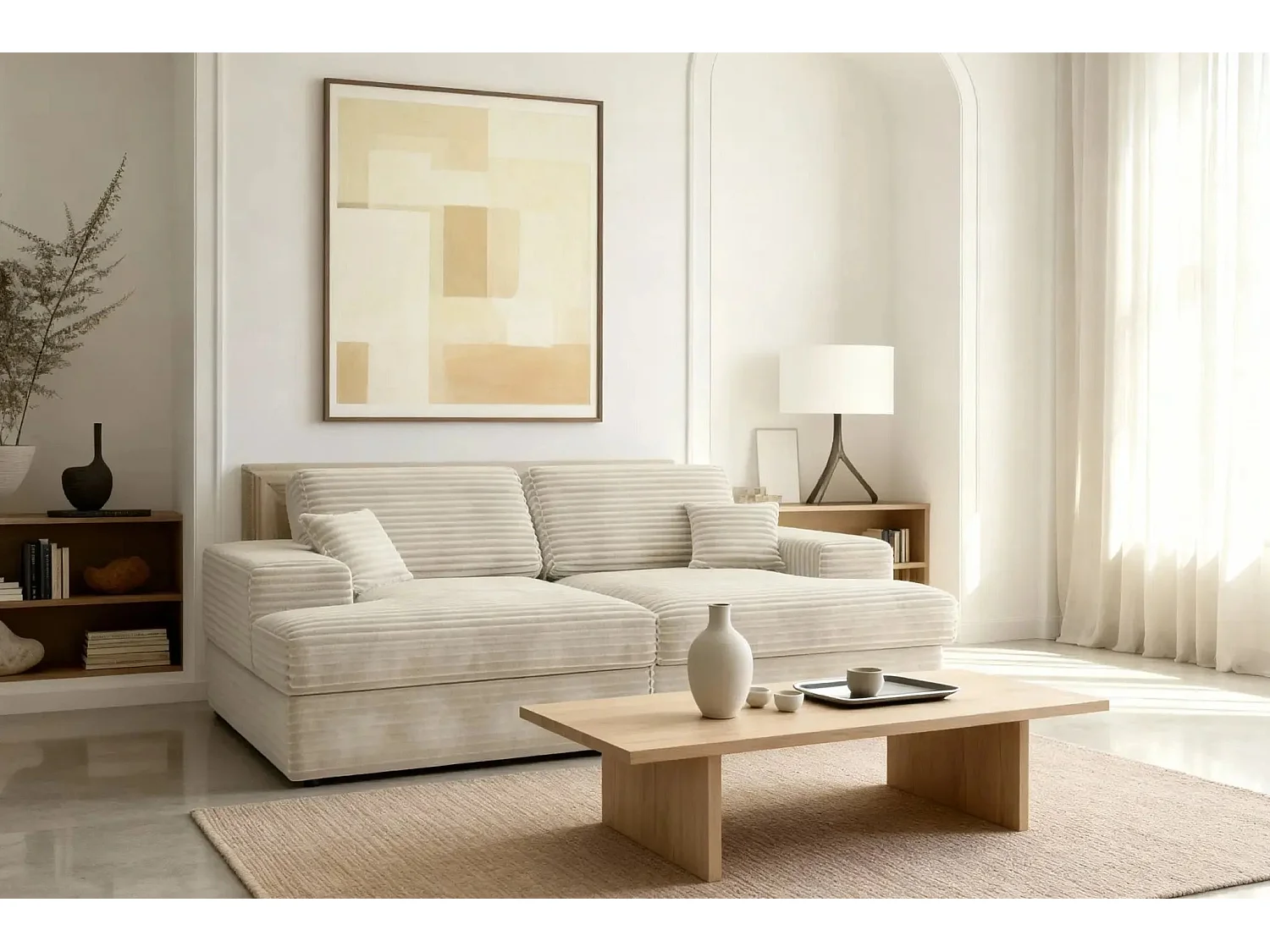 LISBONNE XL - Canapé droit XL gros velours côtelé 3 places Beige
