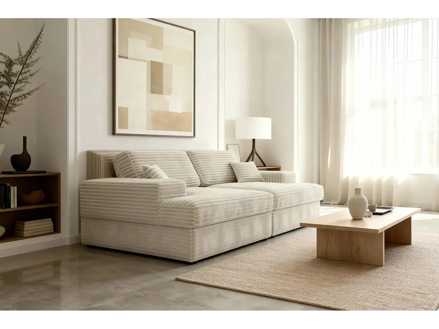 LISBONNE XL - Canapé droit XL gros velours côtelé 3 places Beige