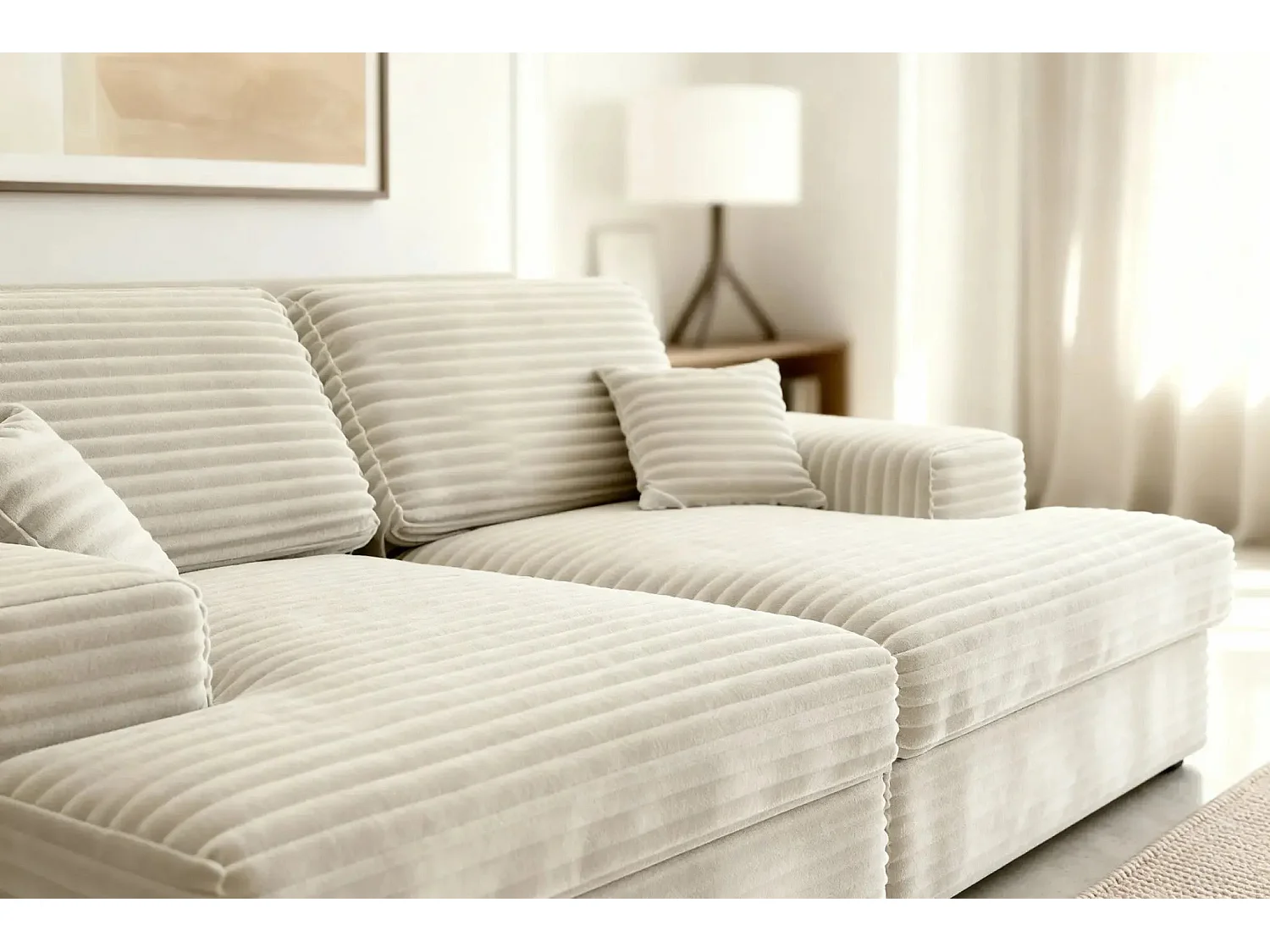 LISBONNE XL - Canapé droit XL gros velours côtelé 3 places Beige