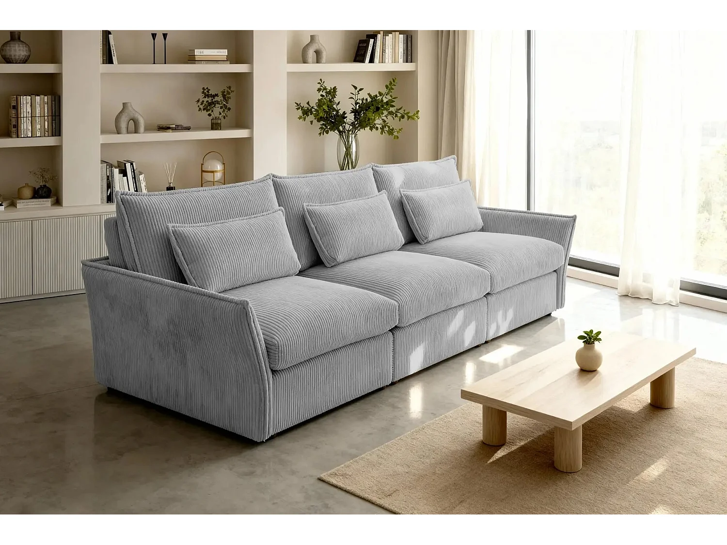 ANGELE - Canapé droit velours côtelé 3 places - Gris clair