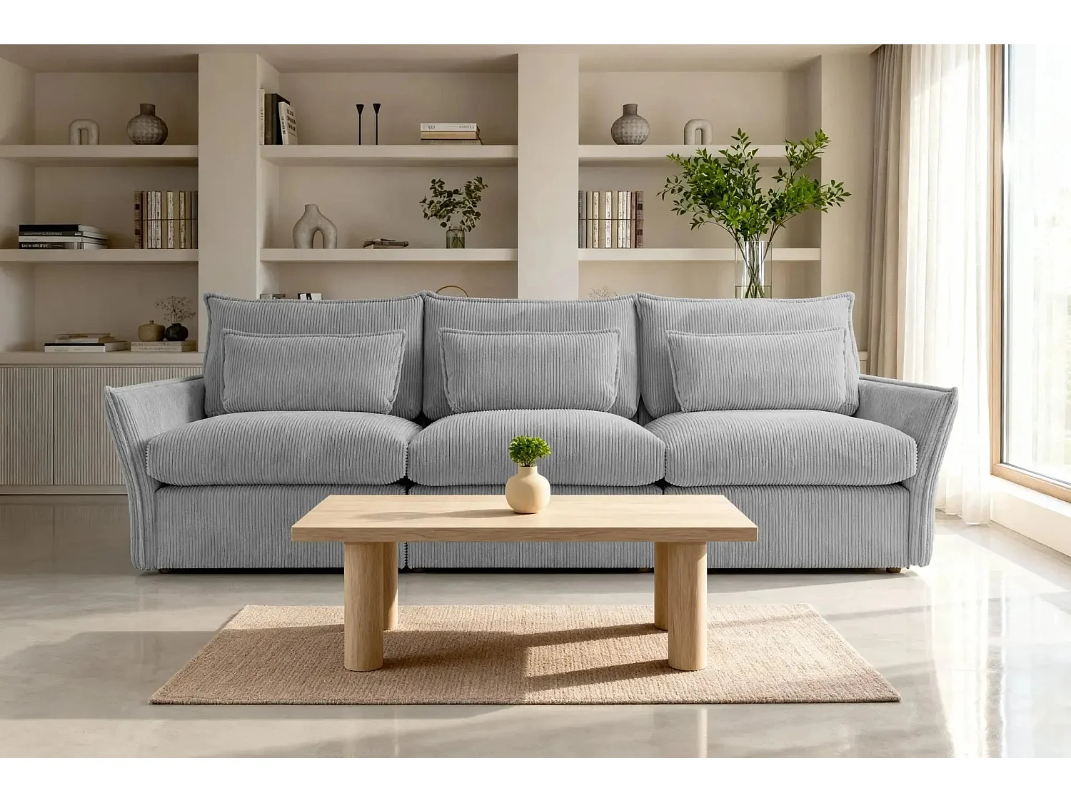 ANGELE - Canapé droit velours côtelé 3 places - Gris clair