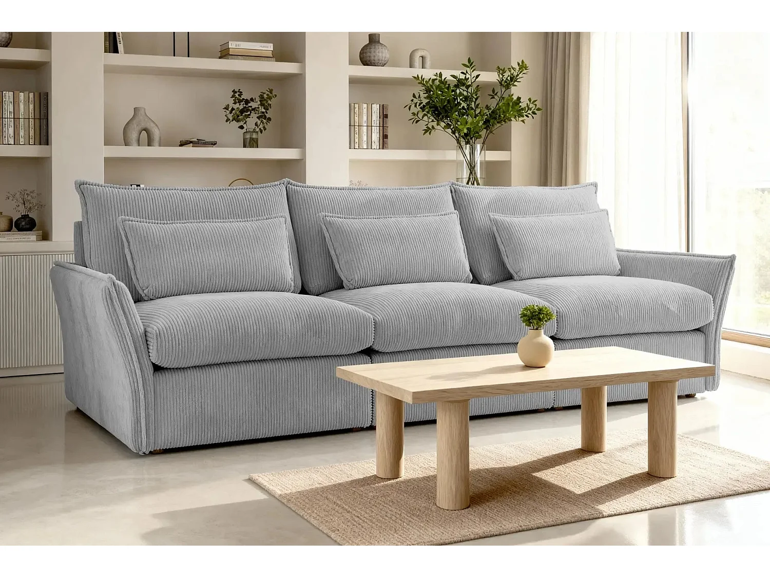 ANGELE - Canapé droit velours côtelé 3 places - Gris clair