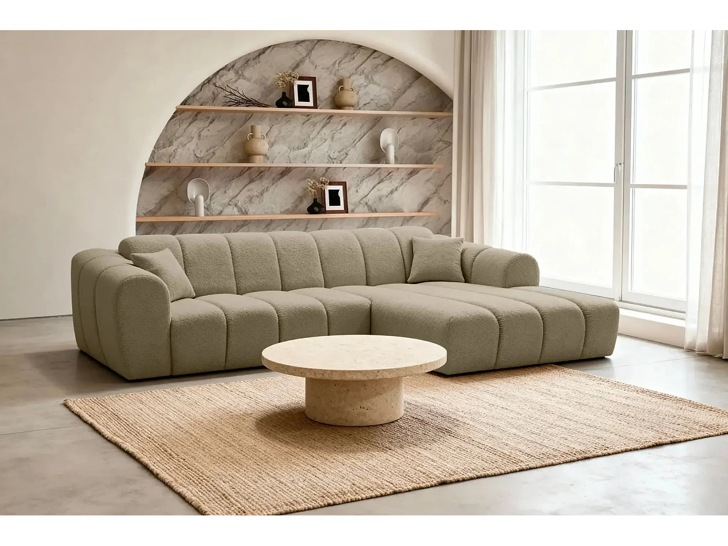 LAURA - Canapé d'angle tissu bouclette 4 places - Café - Gauche