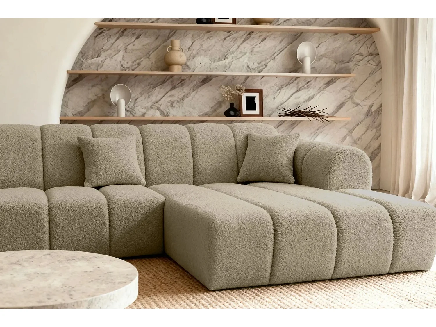LAURA - Canapé d'angle tissu bouclette 4 places - Café - Gauche