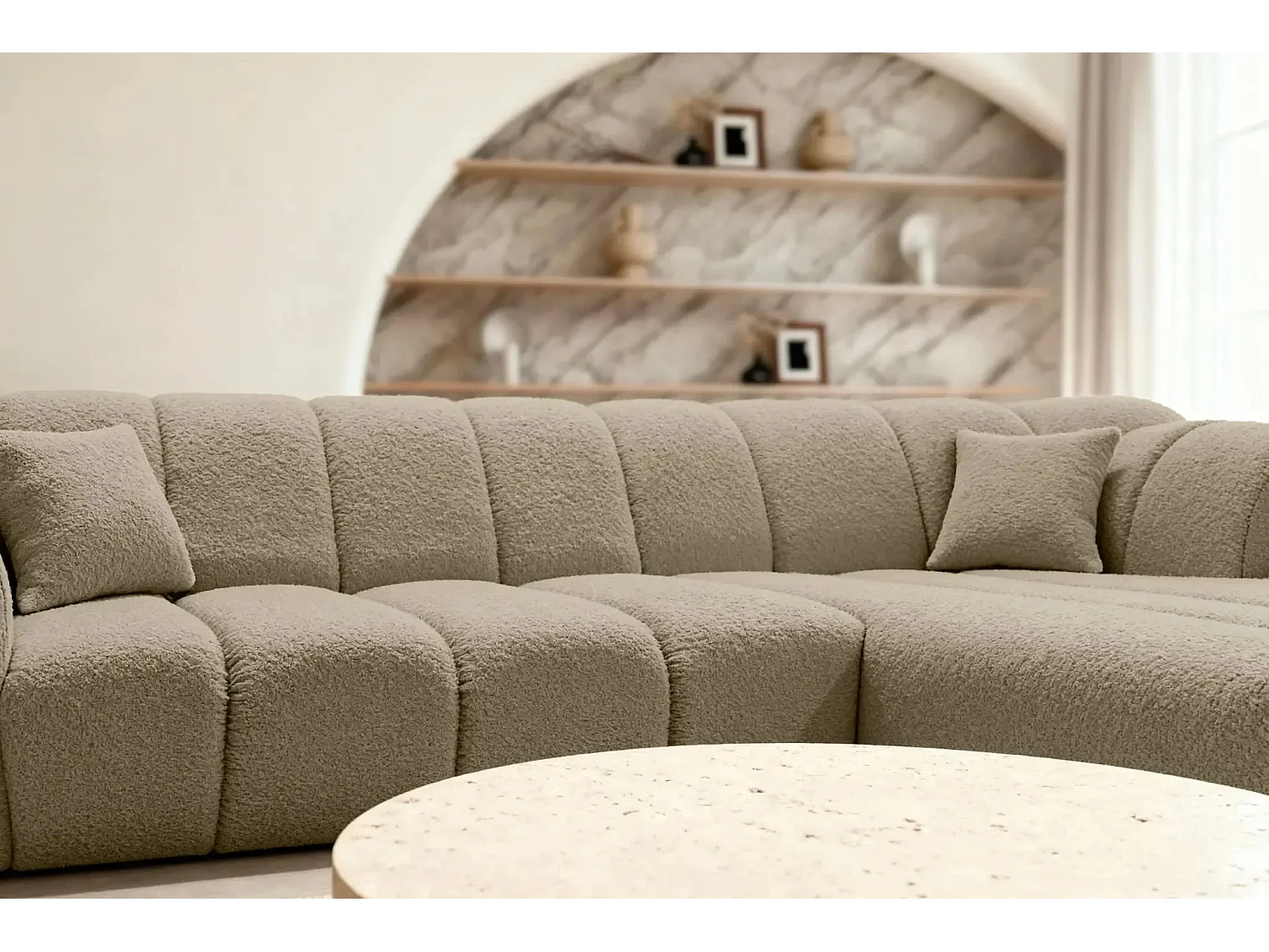 LAURA - Canapé d'angle tissu bouclette 4 places - Café - Gauche