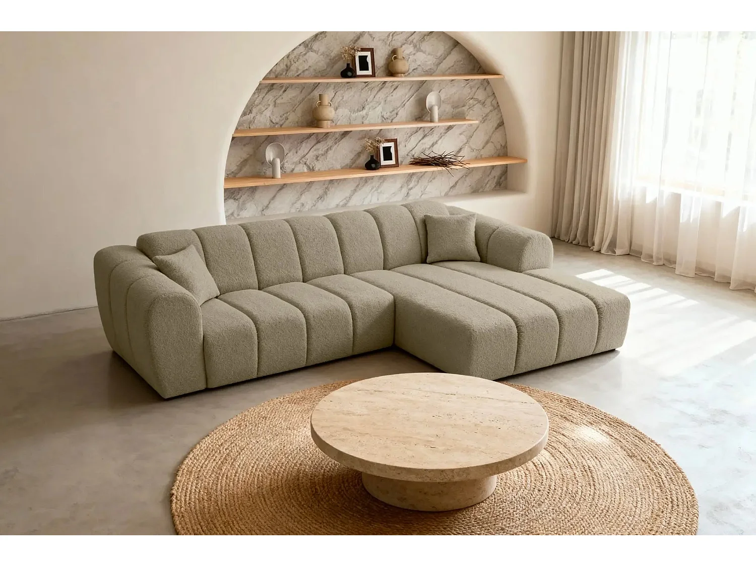 LAURA - Canapé d'angle tissu bouclette 4 places - Café - Gauche