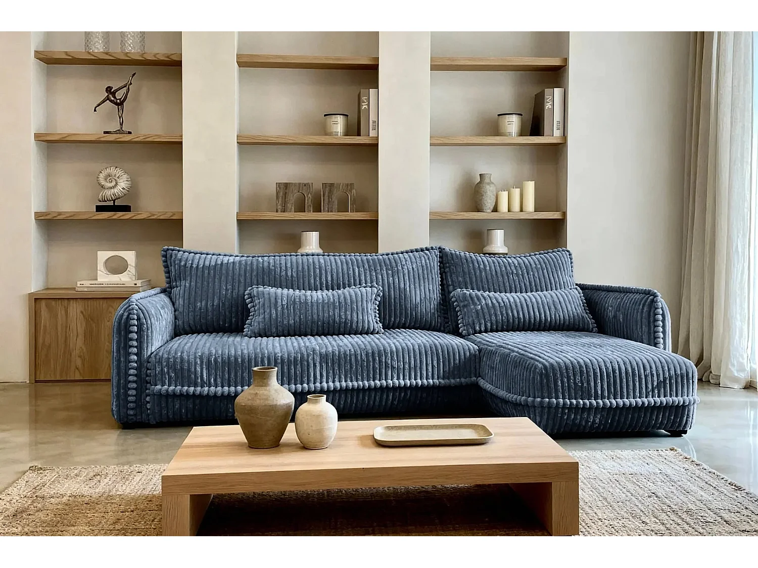 CALIE - Canapé d'angle velours côtelé 3 places - Bleu - Droit