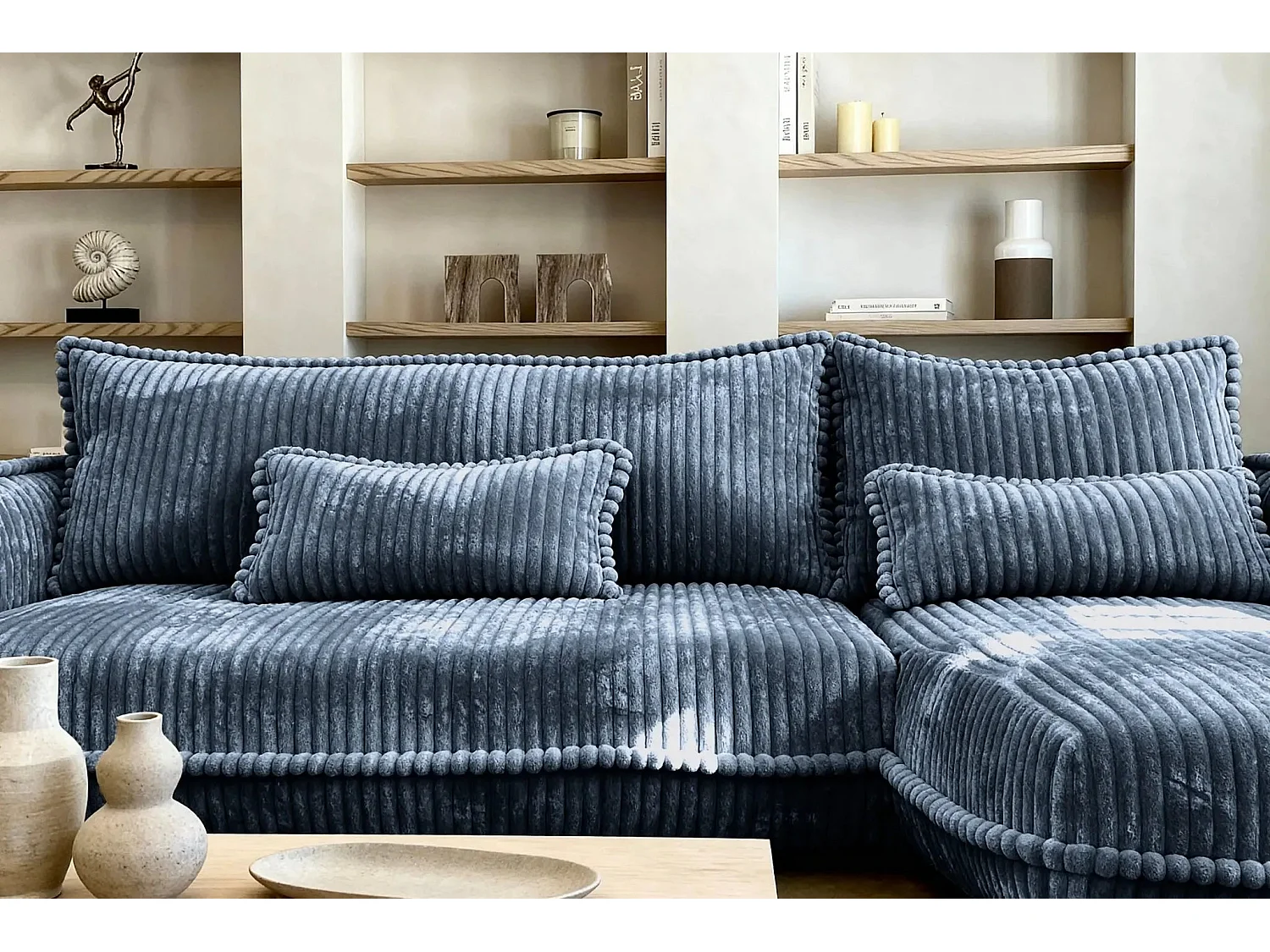 CALIE - Canapé d'angle velours côtelé 3 places - Bleu - Droit