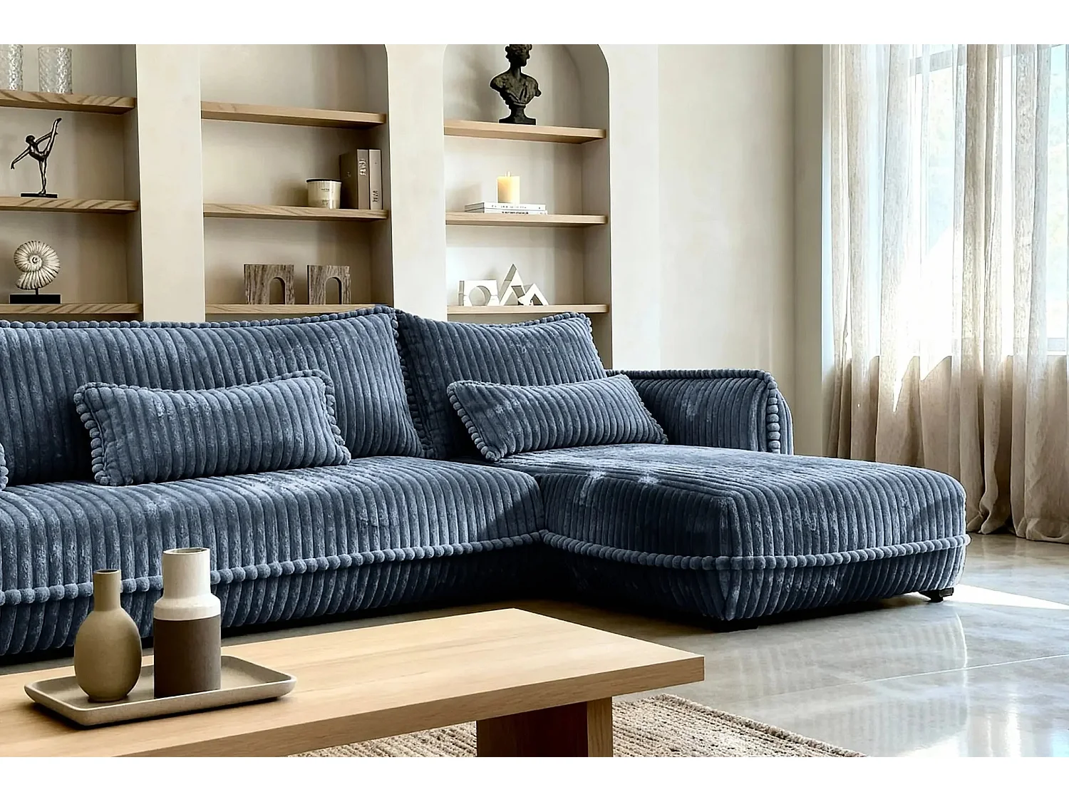 CALIE - Canapé d'angle velours côtelé 3 places - Bleu - Droit