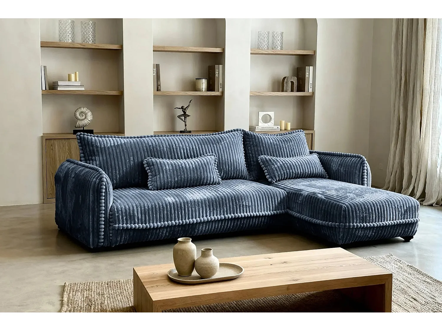 CALIE - Canapé d'angle velours côtelé 3 places - Bleu - Droit