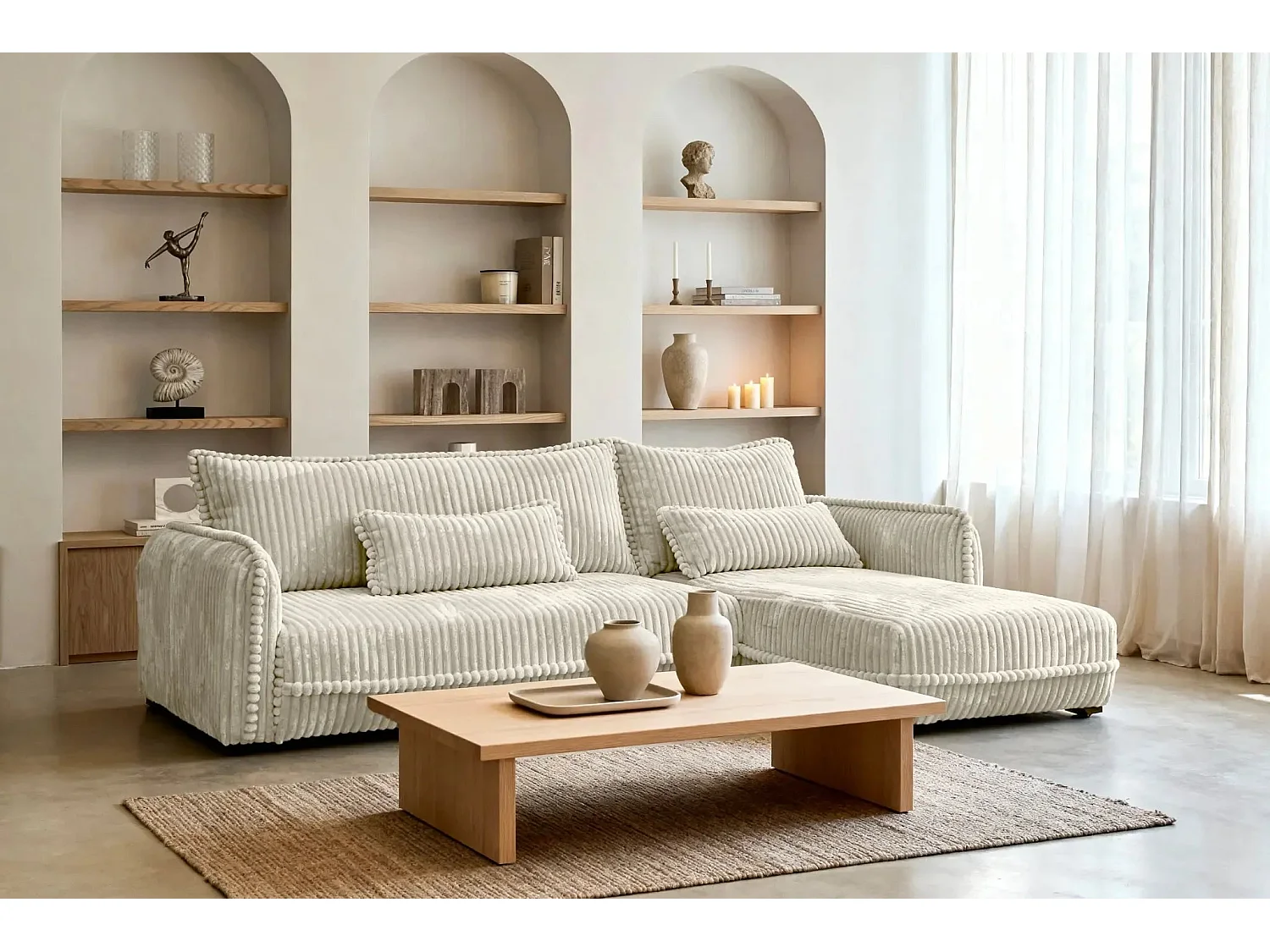 CALIE - Canapé d'angle velours côtelé 3 places - Beige - Droit