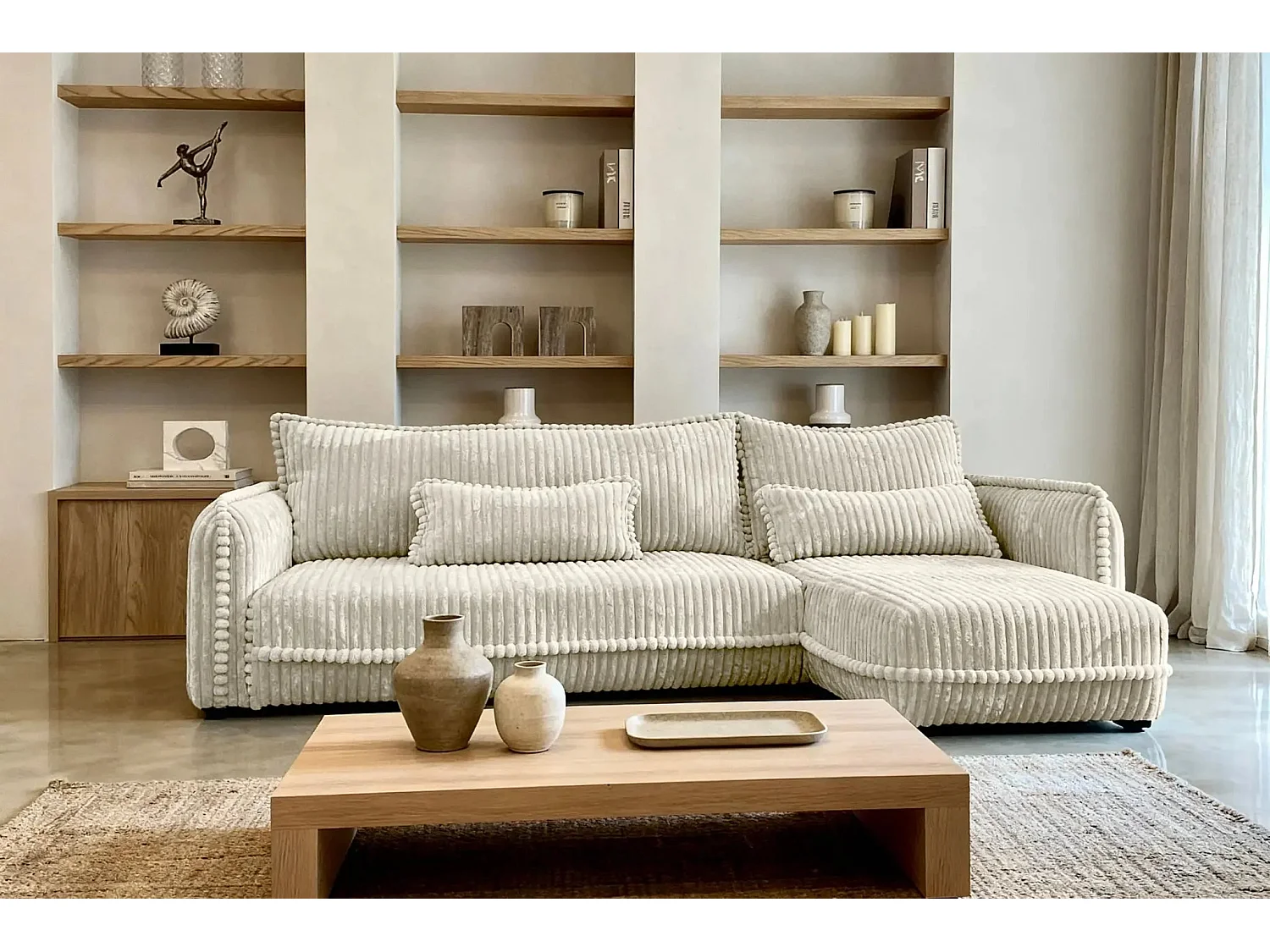 CALIE - Canapé d'angle velours côtelé 3 places - Beige - Droit