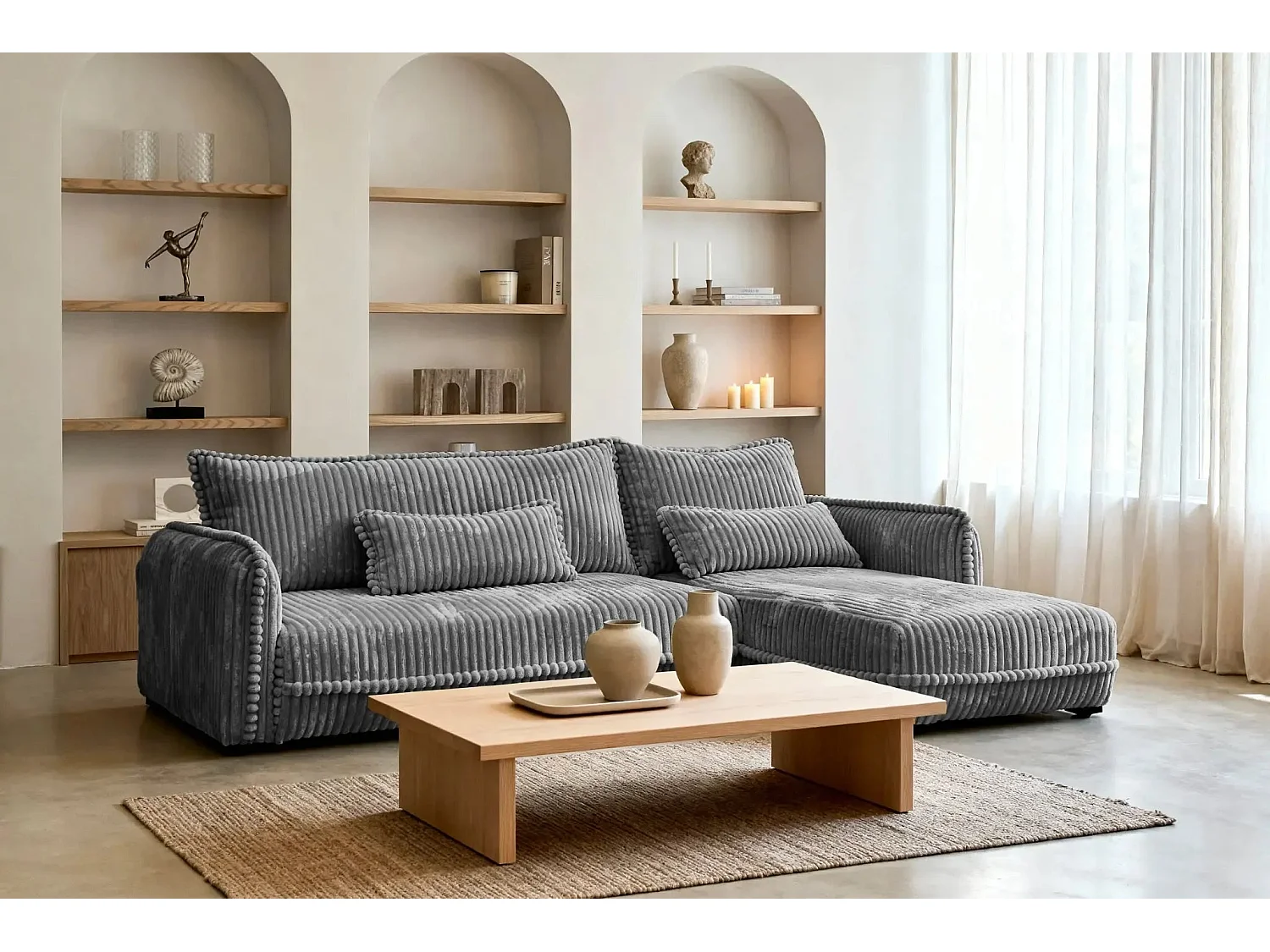 CALIE - Canapé d'angle velours côtelé 3 places - Gris foncé - Gauche