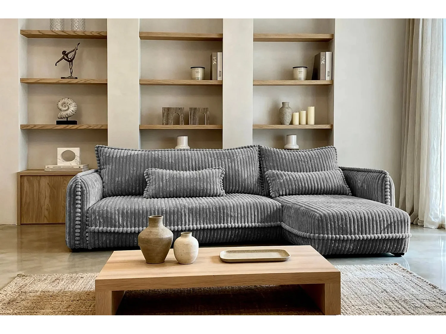 CALIE - Canapé d'angle velours côtelé 3 places - Gris foncé - Gauche