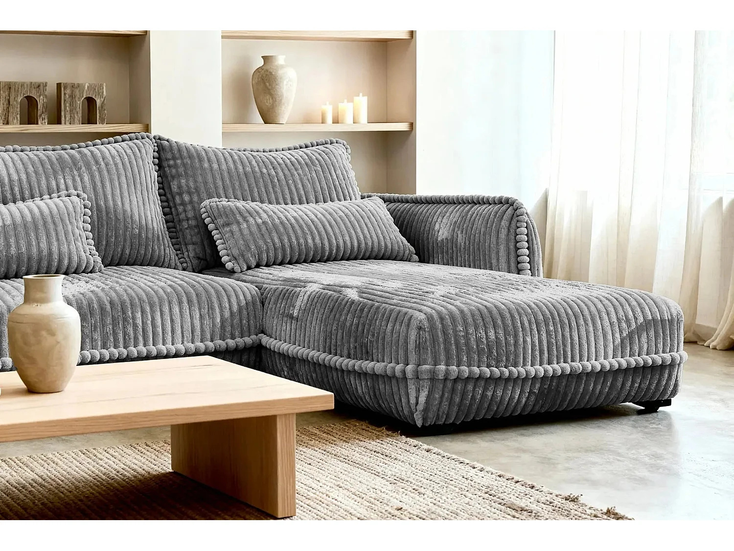 CALIE - Canapé d'angle velours côtelé 3 places - Gris foncé - Gauche