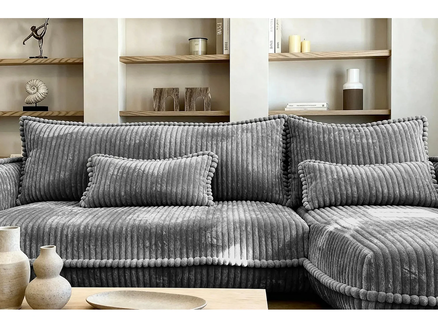 CALIE - Canapé d'angle velours côtelé 3 places - Gris foncé - Gauche