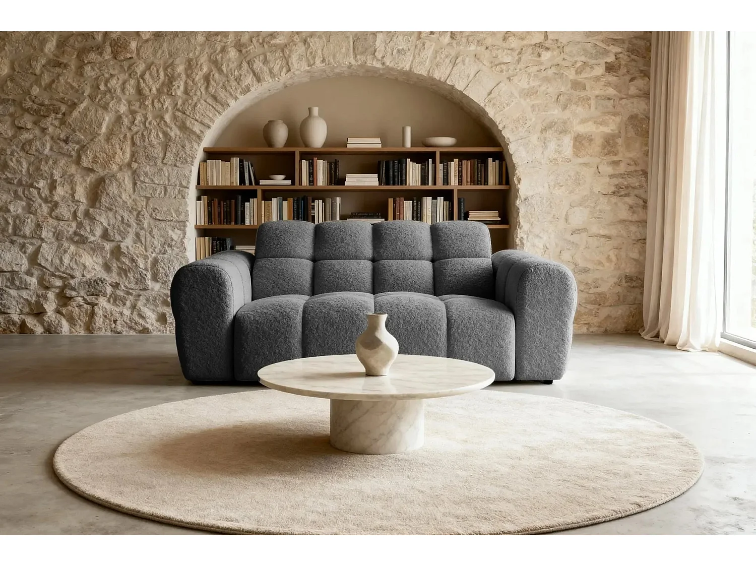 ALEXIA - Canapé droit tissu bouclette 2 places - Gris foncé