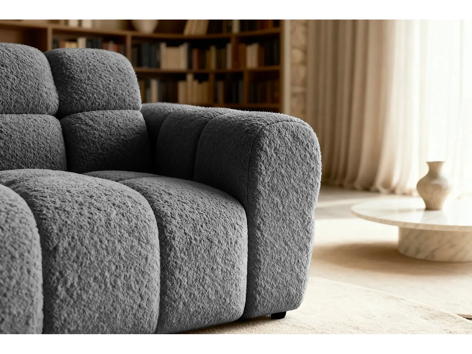 ALEXIA - Canapé droit tissu bouclette 2 places - Gris foncé