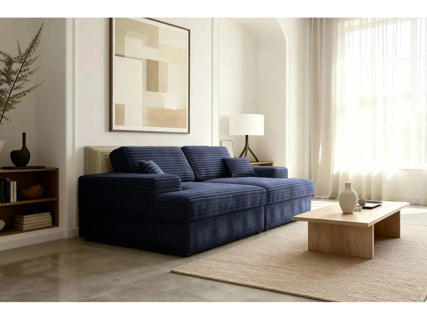 LISBONNE XL - Canapé droit XL gros velours côtelé 3 places Bleu