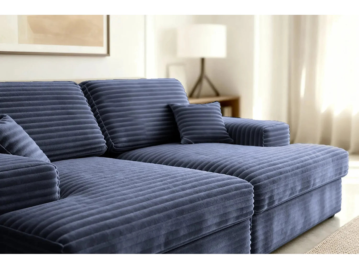 LISBONNE XL - Canapé droit XL gros velours côtelé 3 places Bleu