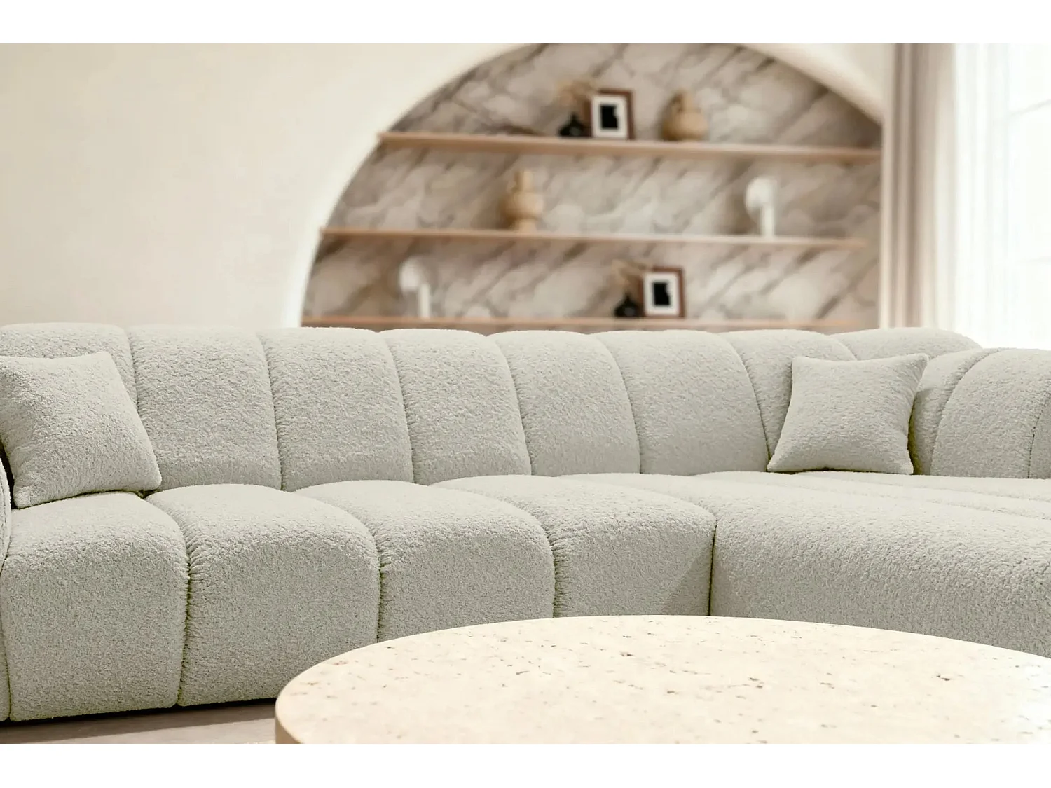 LAURA - Canapé d'angle tissu bouclette 4 places - Beige - Droit