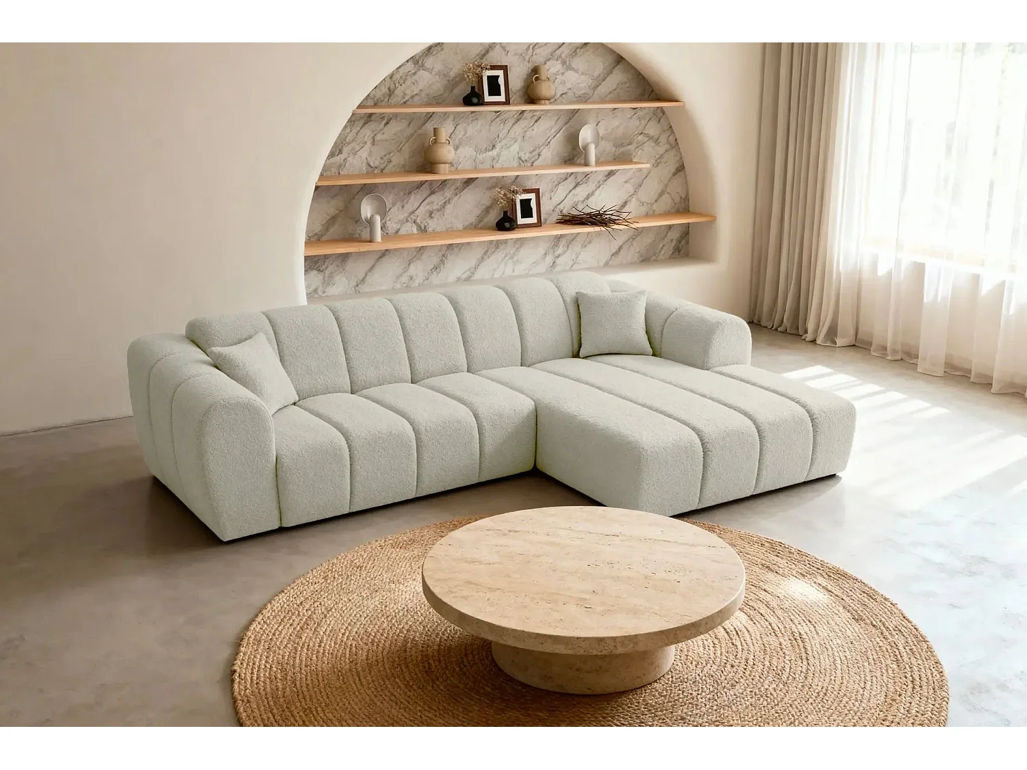 LAURA - Canapé d'angle tissu bouclette 4 places - Beige - Droit