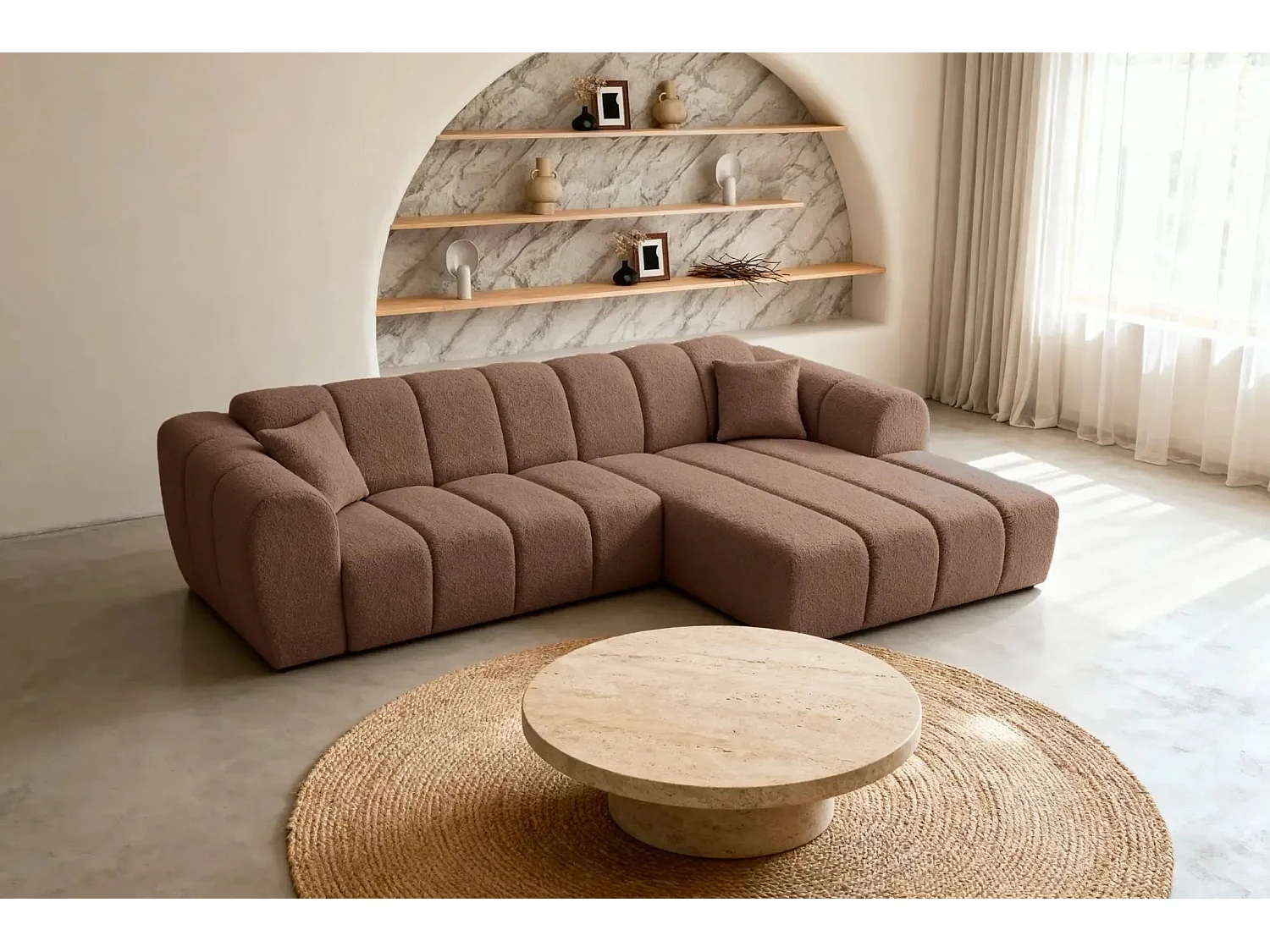 LAURA - Canapé d'angle tissu bouclette 4 places - Terracotta - Droit