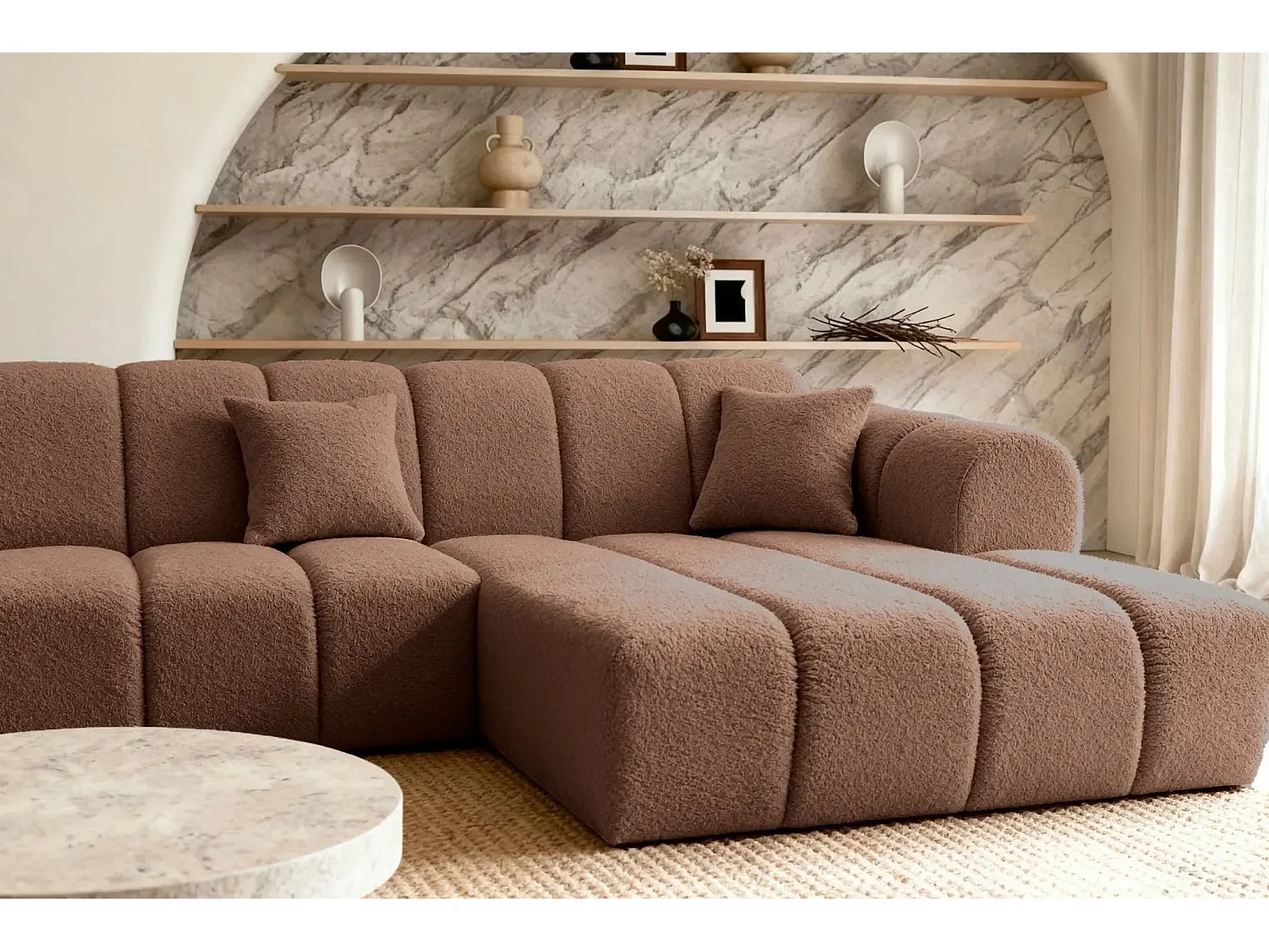 LAURA - Canapé d'angle tissu bouclette 4 places - Terracotta - Droit