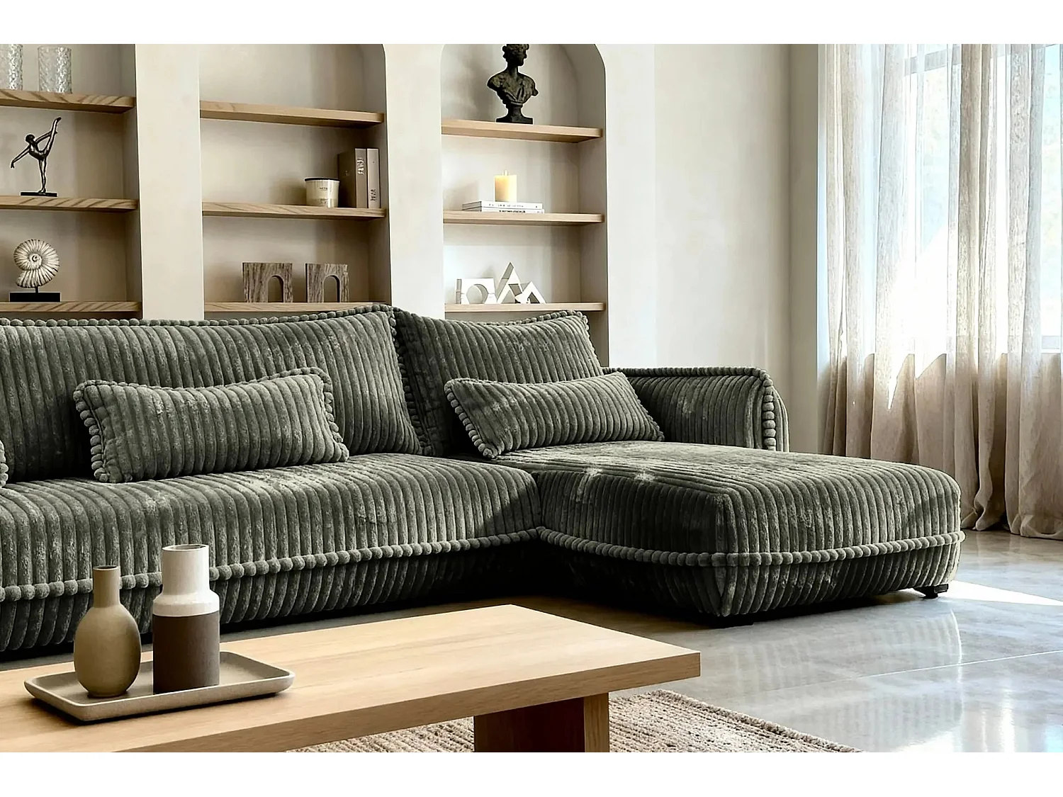 CALIE - Canapé d'angle velours côtelé 3 places - Vert - Droit