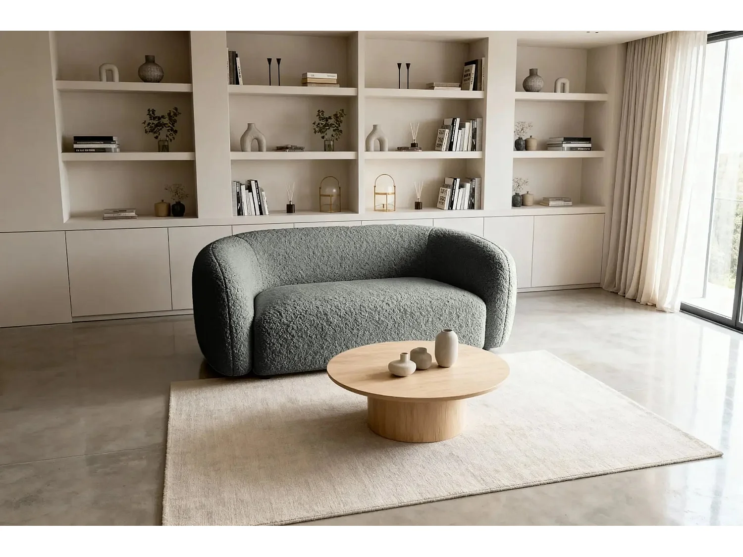 BAHIA - Canapé droit tissu bouclette 2 places - Gris foncé