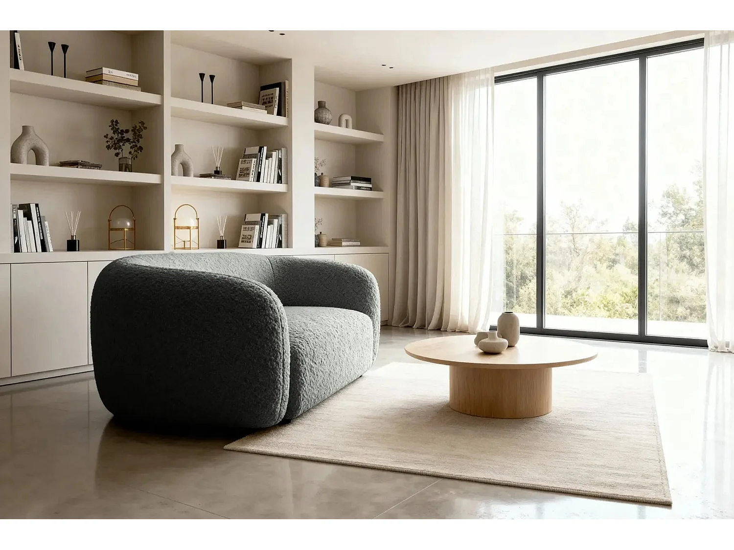 BAHIA - Canapé droit tissu bouclette 2 places - Gris foncé