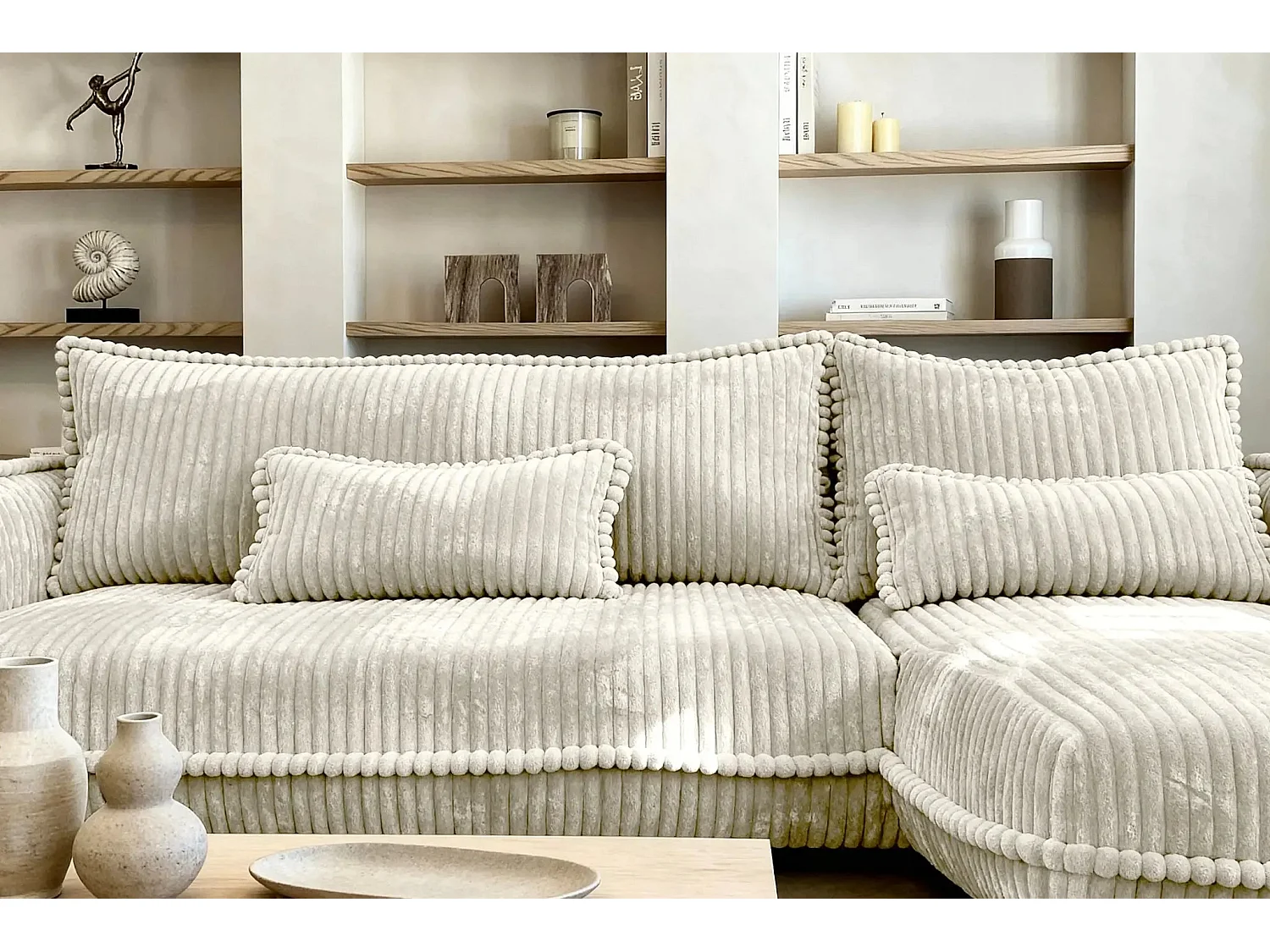 CALIE - Canapé d'angle velours côtelé 3 places - Beige - Gauche