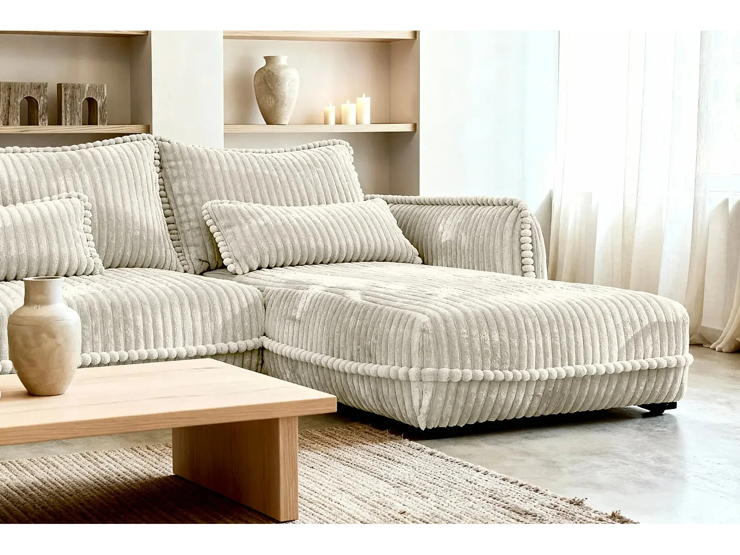 CALIE - Canapé d'angle velours côtelé 3 places - Beige - Gauche