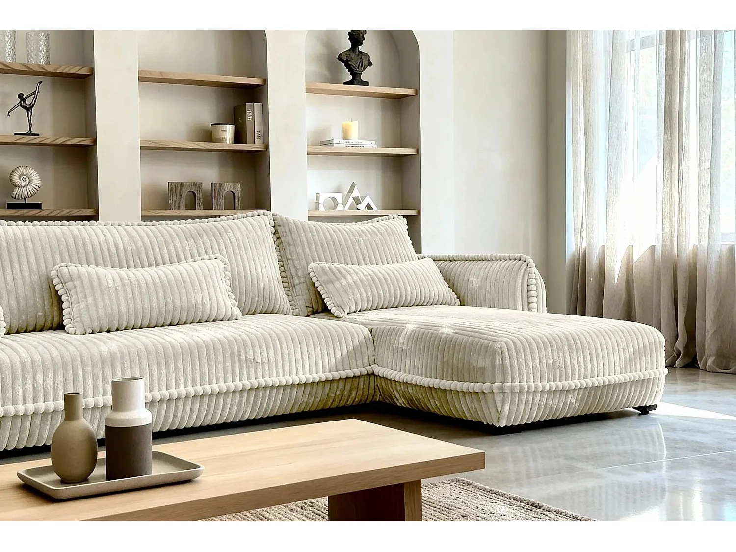 CALIE - Canapé d'angle velours côtelé 3 places - Beige - Gauche