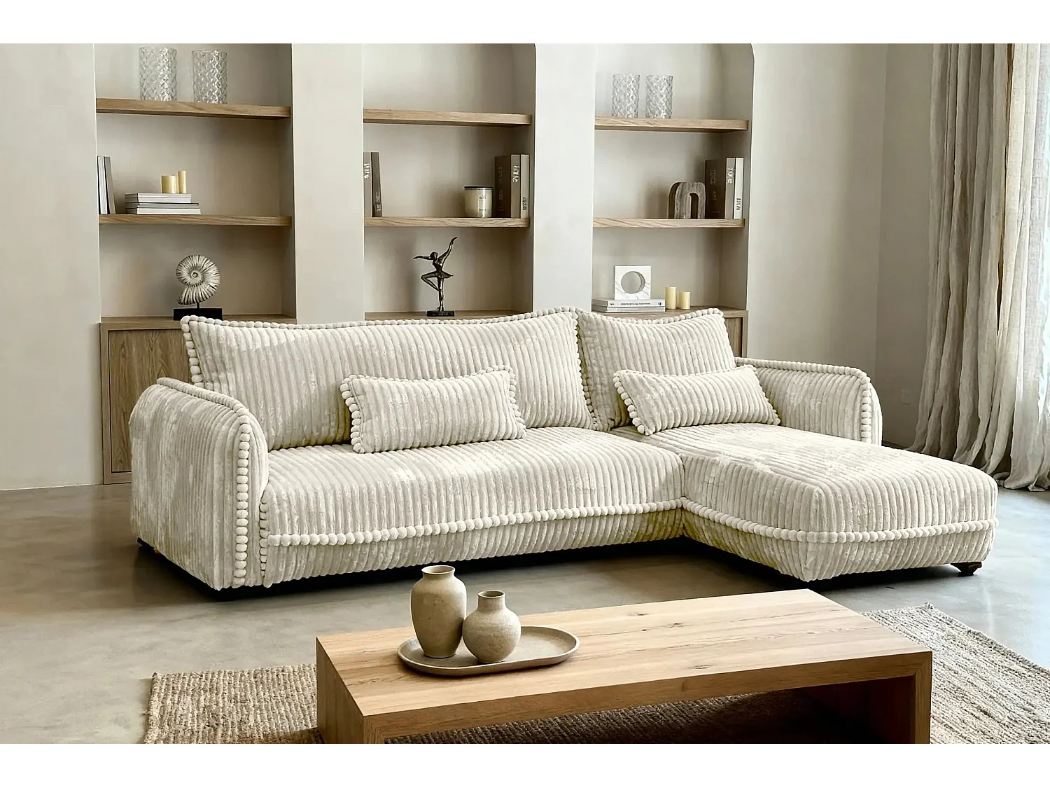 CALIE - Canapé d'angle velours côtelé 3 places - Beige - Gauche